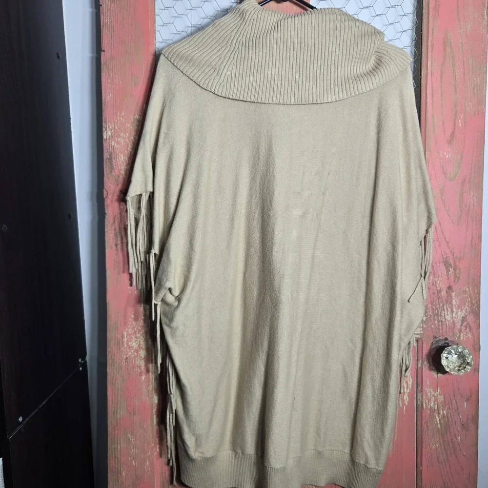 Michael Kors Womens Sweater‎ Fringe Cowl Neck Tunic Beige Poncho Sz M Oversized